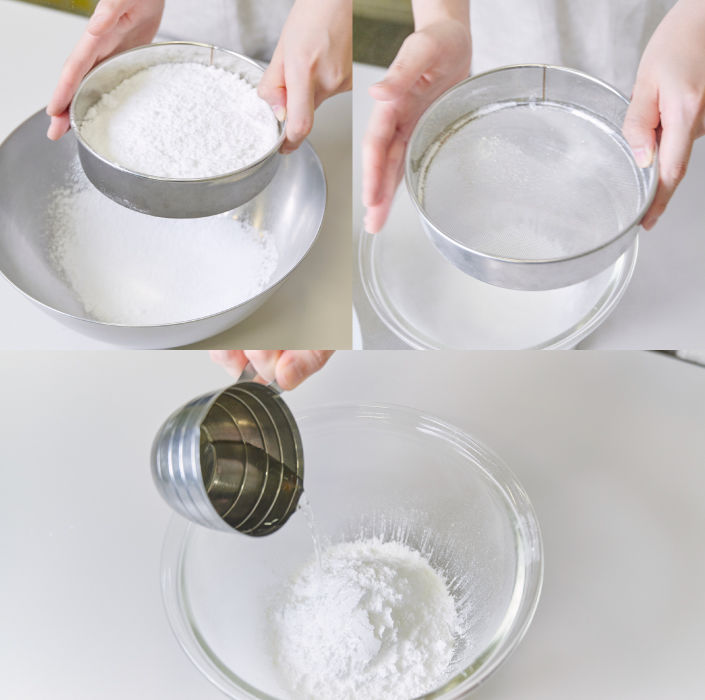 粉糖を粉ふるいにかける