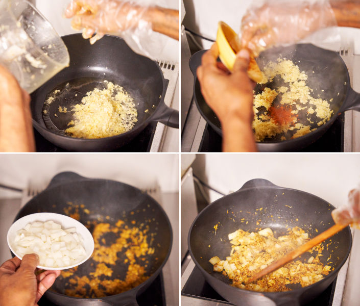 スパイスと具材を油で炒める