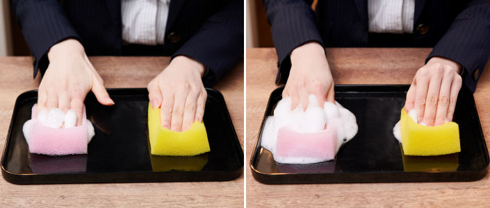 〜パックスナチュロンキッチンスポンジと目が細かいスポンジの泡立ち比較〜