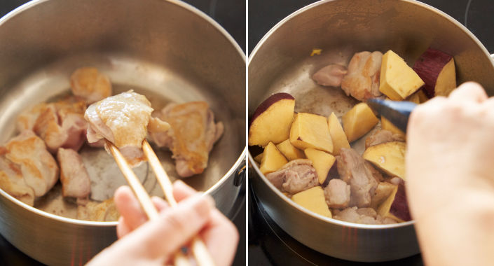 【手順3】 鶏もも肉が剥がれるほど炒めたら、水気を切ったさつまいもを加える