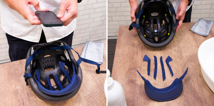 ヘルメットをスマホで撮影