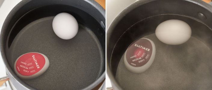 エッグタイマーを入れ、固茹でになるまで卵を茹でる。