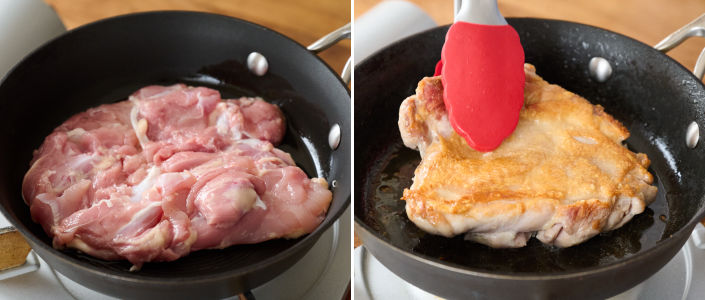 鶏肉を皮から入れてこんがりと焼く