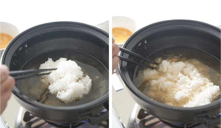 沸騰したつゆにご飯を入れ、ほぐす。