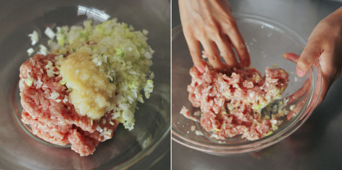 鶏ひき肉に長ねぎ、塩麹を加えて練り混ぜる